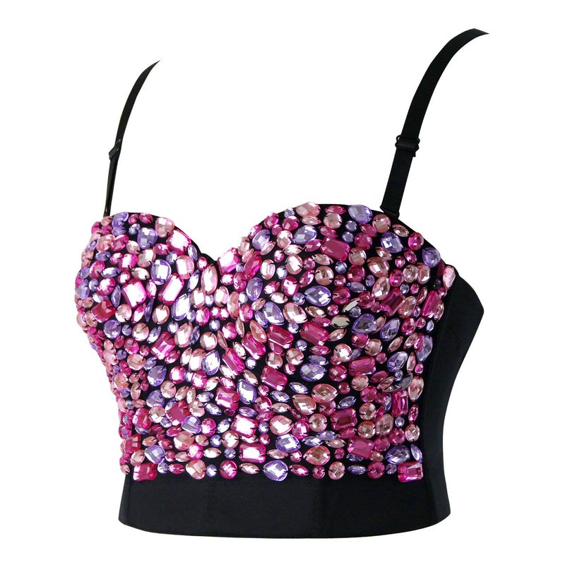 Charmian Women's Spaghetti Straps Colorful Rhinestone Push Up Bra Studded Gem Clubwear Party Bustier Bra Crop Top Pink X-Large - Image 2